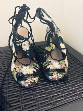 ASOS Black Lace-Up Floral Embroidered Heels